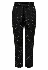 Black mid-rise pants with white polka dots, tied waist belt, straight legs, and side cargo pockets.