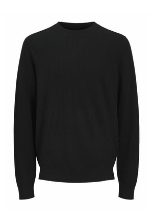 Schwarzer gestrickter Pullover mit langen Ärmeln, Rundhalsausschnitt und gerippten Bündchen. Weiche Textur und schlichtes Design, mit einem dezenten Logo am unteren Rand.