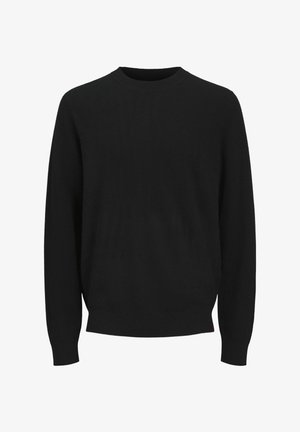 Black knitted sweater with long sleeves, crew neck, and ribbed cuffs. Soft texture and simple design, featuring a subtle logo at the bottom.