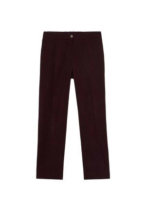Pantalones burdeos oscuros con corte recto, que presentan pliegues en la parte delantera, un cierre de botón y una textura suave.