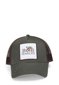 Szara i brązowa czapka trucker z białą naszywką z napisem "BOB MARLEY" oraz grafiką, z siateczkowym tyłem i wykończeniem haftowanym.