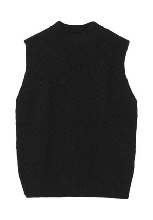 Maglione senza maniche nero con collo alto, caratterizzato da un motivo a diamante testurizzato e orlo a coste. Tessuto a maglia morbido.