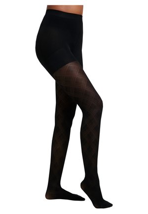 Calze a rete nera con motivo a diamante, opache nella parte superiore e trasparenti nelle sezioni inferiori, con una texture liscia in tutto il prodotto.