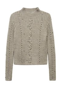 Svetle šedý pletený svetr s ribbed texturou, zdobený korálky, s kulatým výstřihem a dlouhými rukávy. Standardní střih.