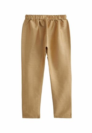 Pantalon à taille élastique beige avec coupe à jambe droite et texture lisse, présenté à plat sur un fond blanc.