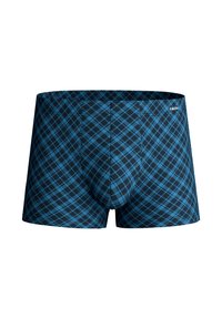 Boxer-briefs pour homme en tissu bleu foncé avec un motif tartan bleu clair. Ils présentent un design ajusté et une taille élastique avec un détail logo.