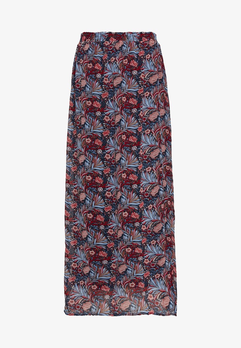 Long floral skirt with red, blue, and beige flowers and leaves on a dark background, straight cut and lightweight fabric.