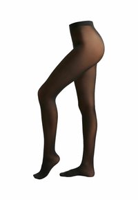 Collants semi-transparents noirs avec une texture lisse, une large ceinture élastique et une couvrance totale allant jusqu'aux orteils.