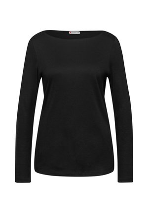 Camisa negra de manga larga hecha de algodón, con un escote redondo y un diseño ajustado con una textura suave.