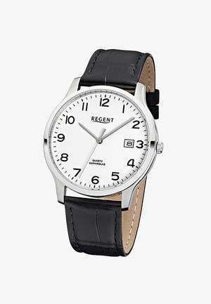 Montre-bracelet Regent ronde en argent avec cadran blanc, chiffres noirs, fenêtre de date à 3 heures et bracelet en cuir noir affichant 10:10:37.