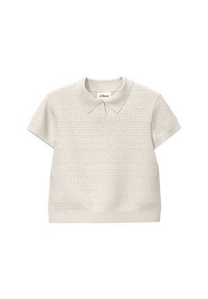 Polo en maille beige à manches courtes avec des motifs horizontaux texturés et un col pointu, étiqueté s.Oliver.