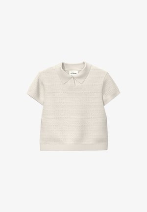 Beżowa koszulka polo z krótkim rękawem, wykonana z dzianiny, z teksturowanymi poziomymi wzorami i zaostrzonym kołnierzykiem, oznaczona marką s.Oliver.