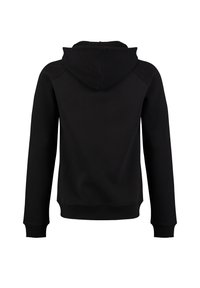 Sudadera negra con capucha texturizada y mangas raglán, que presenta puños y dobladillo de canalé. Tejido suave con un diseño minimalista.