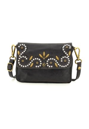 Borsa a tracolla in pelle nera con accenti foglia in oro, borchie rotonde bianche disposte in motivi floreali a spirale e fibbie in tonalità oro sulla tracolla regolabile.