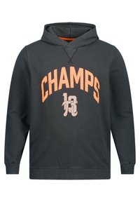Felpa grigia scura in misto cotone, con il testo e il logo arancione "CHAMPS" centrati sul davanti. Include una tasca a marsupio e cappuccio con coulisse.