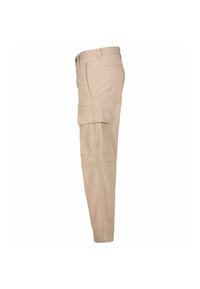 Beige cargobroek met een slim fit, voorzien van meerdere zakken, een knoopsluiting en een eenvoudig ontwerp. Textuurstofafwerking.