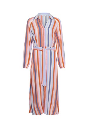 Robe longue boutonnée avec des rayures verticales orange, rose, bleu clair et marine, dotée d'un col, de manches longues et d'une ceinture assortie en tissu.