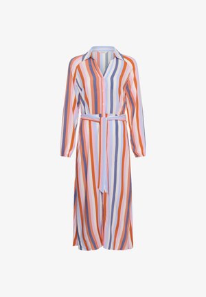 Vestido largo abotonado con rayas verticales en naranja, rosa, azul claro y azul marino, con cuello, mangas largas y cinturón de tela a juego.