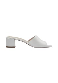 Hvide læder open-toe mules med en spidset front og en struktureret blokhæl. Glat tekstur, minimalistisk design og subtile brune accenter på sålen.