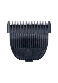 Zwart tondeusekapsel met een gestructureerd oppervlak, voorzien van gelijkmatig verdeelde tanden voor het knippen van haar en een afgeronde onderkant voor soepel gebruik.