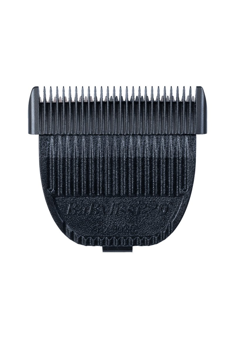 Zwart tondeusekapsel met een gestructureerd oppervlak, voorzien van gelijkmatig verdeelde tanden voor het knippen van haar en een afgeronde onderkant voor soepel gebruik.