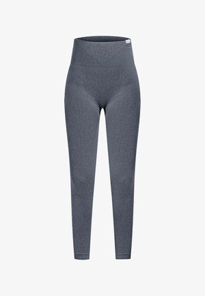 Leggings grigi a coste con vita alta, caratterizzati da una texture liscia e un design aderente, realizzati per offrire comfort e flessibilità.