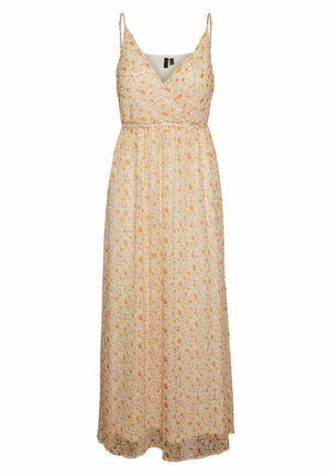 Robe longue sans manches à col en V avec fines bretelles, taille cintrée, motif floral léger pêche et rose sur tissu crème.