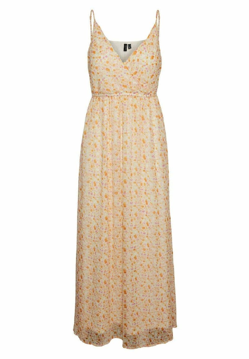 Robe longue sans manches à col en V avec fines bretelles, taille cintrée, motif floral léger pêche et rose sur tissu crème.