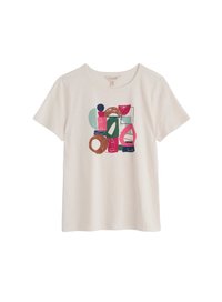 T-shirt crema a maniche corte con un colorato design grafico astratto, caratterizzato da forme verdi, rosa, blu navale e marrone. Materiale in cotone.