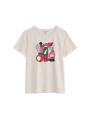 Kurzärmliges cremefarbenes T-Shirt mit einem bunten abstrakten Grafikdesign, das Formen in Grün, Pink, Marineblau und Braun zeigt. Aus Baumwolle.