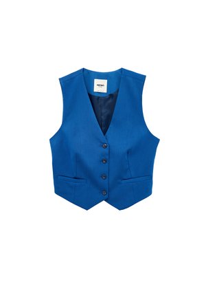 Blaues, maßgeschneidertes Weste mit vier Knöpfen, V-Ausschnitt, zwei Fronttaschen und glattem Innenfutter.