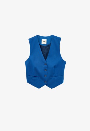 Blauw op maat gemaakt vest met vier knopen, V-hals, twee voorzakken en een gladde voering aan de binnenkant.