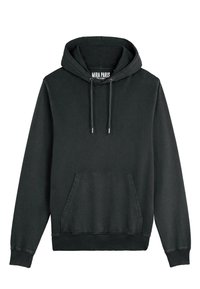Hoodie noir avec une poche frontale, capuche adjustable avec cordon, poignets et ourlet côtelés. Fabriqué en coton doux avec un design uni.