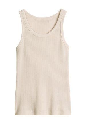 Ärmelloses, beiges, geripptes Stricktop mit U-Boot-Ausschnitt und breiten Schulterträgern.