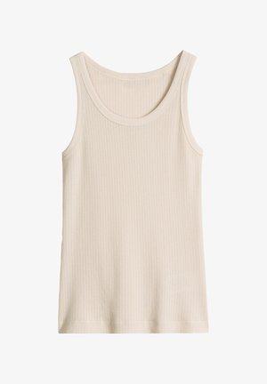 Ärmelloses, beiges, geripptes Stricktop mit U-Boot-Ausschnitt und breiten Schulterträgern.