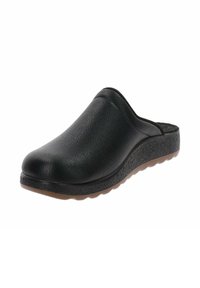 Zoccolo in pelle nera senza lacci con superficie testurizzata, punta arrotondata e una suola spessa e imbottita con fondo semi-trasparente.