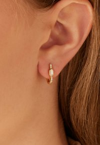 Gouden creolen met een octagonaal centraal accent en een rij kleine heldere kristallen langs de band, met een gepolijste afwerking.