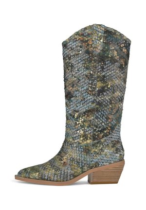 Western-Stiefelette im Knöchelbereich mit mehrfarbigem Schlangenledermuster, gestapeltem Holzabsatz und spitzer Schuhspitze.