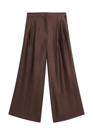 Pantaloni larghi marroni realizzati in un tessuto testurizzato. Presentano pince frontali, chiusura con bottone e una vita alta.