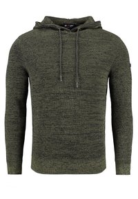 Olijfgroen hoodie van gestructureerde breiwerk, met een trekkoordkap en ribgebreide manchetten en zoom voor een slanke look.