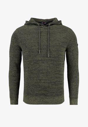 Hoodie vert olive en tissu tricoté texturé, doté d'une capuche avec cordon de serrage et de poignets et d'un ourlet côtelés pour un look ajusté.