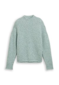 Hellgrüner, gerippter Pullover mit hohem Kragen und langen Ärmeln, der über ein strukturiertes Strickmuster und einen kurzen Saum verfügt.