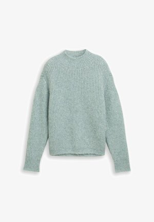 Svetlozelený rebrovaný sveter s vysokým golierom a dlhými rukávmi, ktorý má textúrované pletenie a skrátený lem.