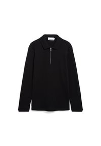 Schwarzes Langarmhemd mit Kragen und kurzem Reißverschluss. Gerippte Textur, einfarbig und minimalistisches Design. Keine Muster oder Akzente.