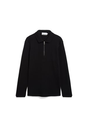 Zwarte long-sleeve shirt met een kraag en een korte ritssluiting. Ribbelstructuur, effen kleur en minimalistisch ontwerp. Geen patronen of accenten.