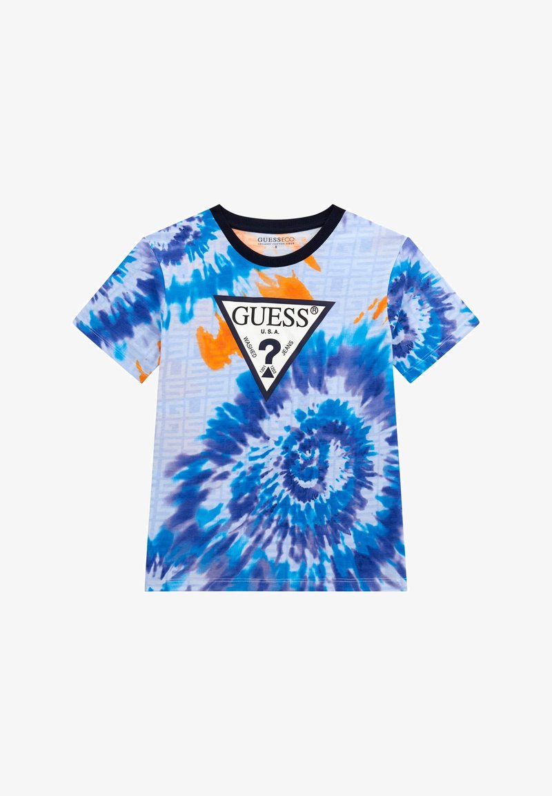 T-shirt in cotone con un motivo tie-dye blu e arancione, colletto a girocollo e bordi neri, con un logo triangolare nero centrale.