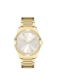 Guld metal ur med en sølv skive. Uret har en bezel prydet med krystaller, minimalistiske markører og et sammenkoblet armbånd design.