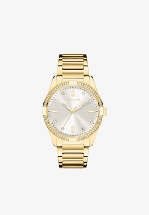 Gouden metalen polshorloge met een zilveren wijzerplaat. Heeft een bezel versierd met kristallen, minimalistische markeringen en een schakelarmbandontwerp.