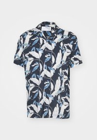 Košile s krátkým rukávem v námořnické barvě s botanickým potiskem bílých a modrých listů, zapínání na knoflíky a uvolněným límečkem.