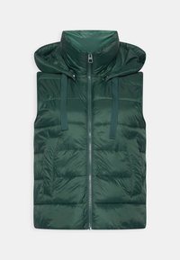 Padded zielona kamizelka z wysokim kołnierzem i regulowanym kapturem, z zamkiem błyskawicznym z przodu, dwiema bocznymi kieszeniami oraz gładką, błyszczącą teksturą.